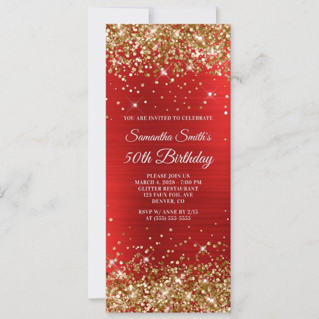 Gold Glitter Red Foil 50th Birthday Invitation (Front)