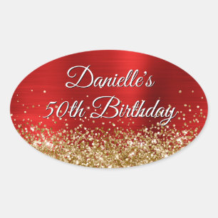 Gold Glitter Red Foil 50th Birthday Oval Sticker