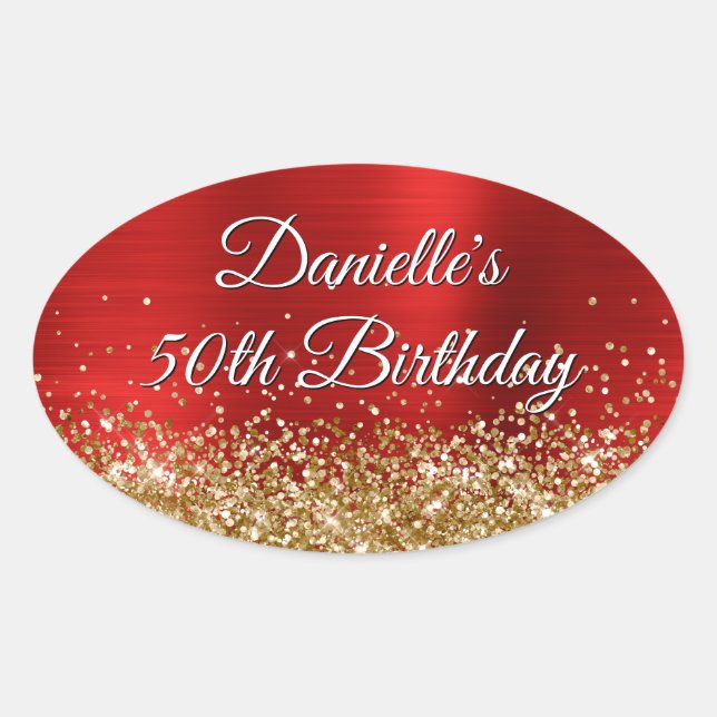 Gold Glitter Red Foil 50th Birthday Oval Sticker (Front)