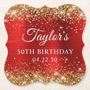 Gold Glitter Red Foil 50th Birthday Paper Coaster