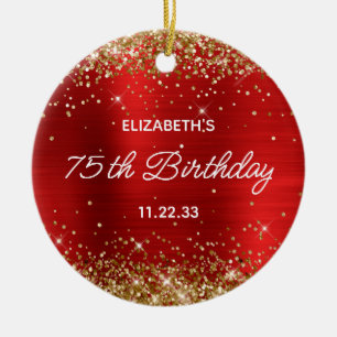 Gold Glitter Red Foil 75th Birthday Ceramic Tree Decoration