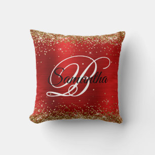 Gold Glitter Red Foil Fancy Monogram Cushion