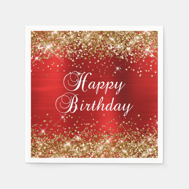 Gold Glitter Red Foil Happy Birthday Napkin (Front)