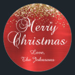 Gold Glitter Red Foil Merry Christmas Classic Round Sticker<br><div class="desc">Fancy calligraphy Merry Christmas envelope seal stickers for your holiday greeting cards.
Customise the font size or style for your family name as needed.
The sparkly gold glitter and red brushed metallic style foil are digital art elements that print like a photo.</div>