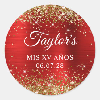 Gold Glitter Red Foil Mis XV Anos Birthday Classic Round Sticker