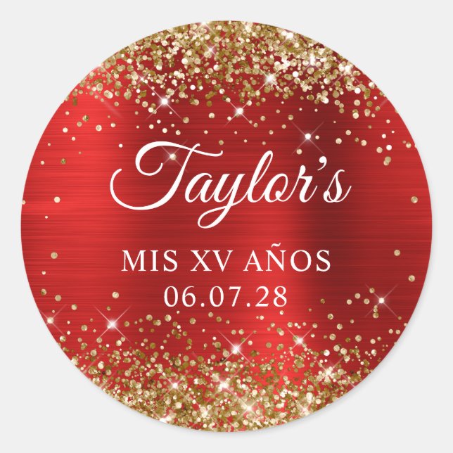 Gold Glitter Red Foil Mis XV Anos Birthday Classic Round Sticker (Front)