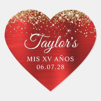 Gold Glitter Red Foil Mis XV Anos Birthday Heart Sticker