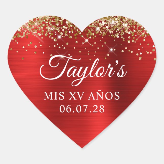 Gold Glitter Red Foil Mis XV Anos Birthday Heart Sticker (Front)