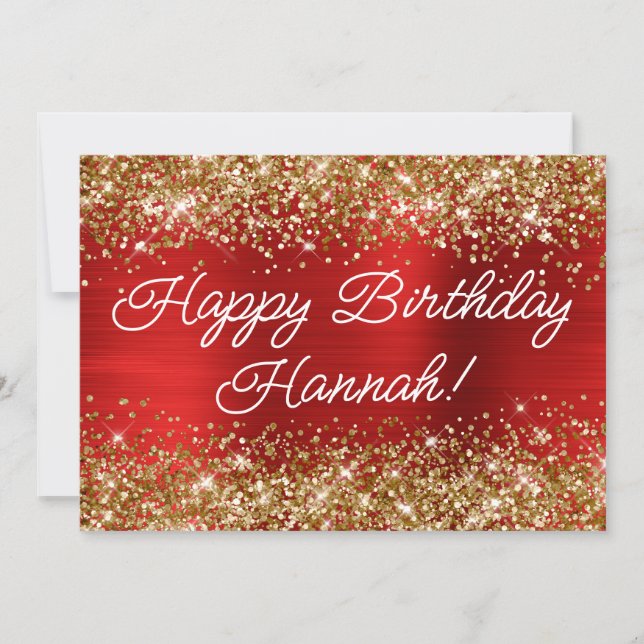 Gold Glitter Red Foil Modern Happy Birthday Card (Front)
