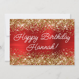 Gold Glitter Red Foil Modern Happy Birthday Card