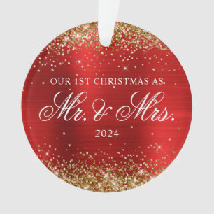 Gold Glitter Red Foil Our 1st Christmas Photo Ornament