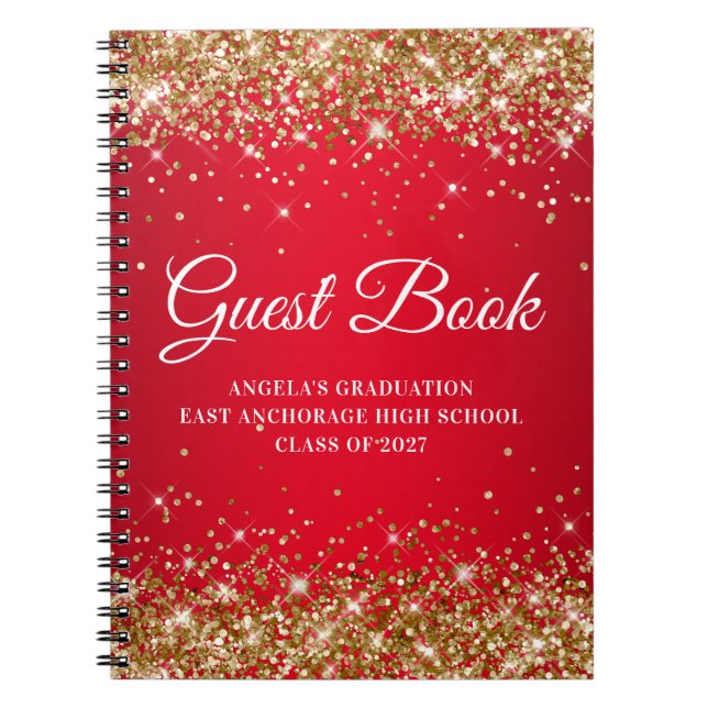 Gold Glitter Red Glam Gradient Graduation Guest Notebook (Front)