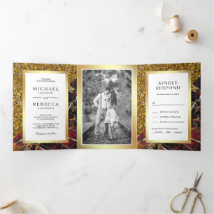 Gold Glitter Red Marble Photo Wedding Tri-Fold Invitation