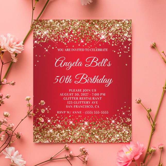 Gold Glitter Red Ombre 50th Birthday Invitation (Gold Glitter Red Ombre 50th Birthday Invitation)