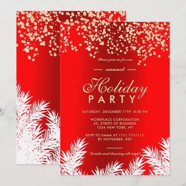 Gold glitter red pines winter corporate holiday invitation (Front/Back)