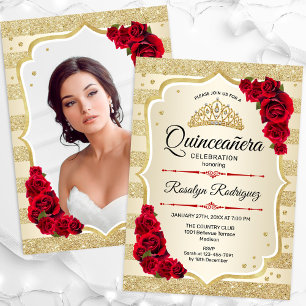 Gold Glitter Red Quinceanera Invitation