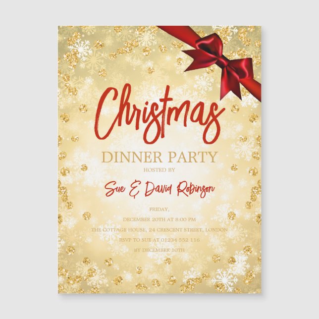 Gold Glitter Red Ribbon Christmas Holiday Invite (Front)