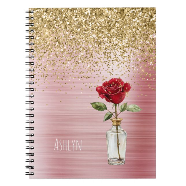 Gold Glitter Red Rose Notebook (Front)