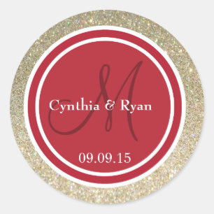Gold Glitter & Red Wedding Monogram Classic Round Sticker