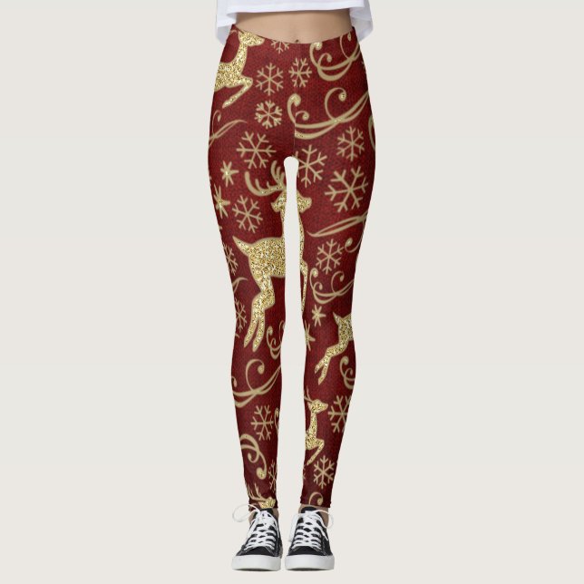 Gold Glitter Reindeer Holiday Leggings (Front)