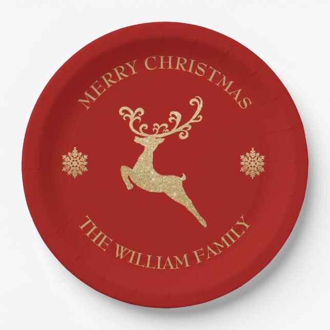 Gold Glitter Reindeer Merry Christmas Party Red Paper Plate (Front)