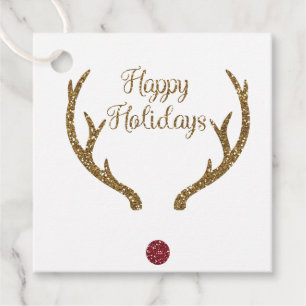 Gold Glitter Reindeer Red Nose Happy Holidays Gift Favour Tags