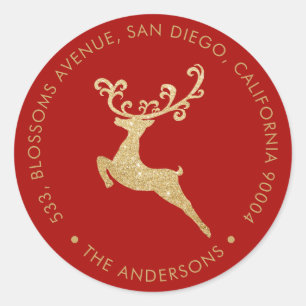 Gold Glitter Reindeer Red Return Address Holiday Classic Round Sticker