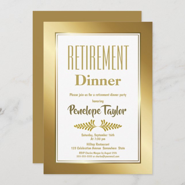 Gold Glitter Retirement Dinner Party Invitation (Front/Back)