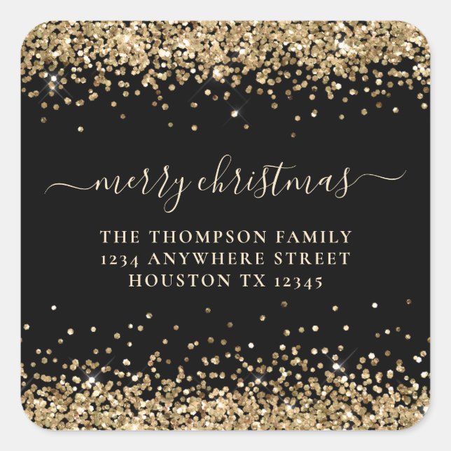 Gold Glitter Return Address Merry Christmas Black Square Sticker (Front)