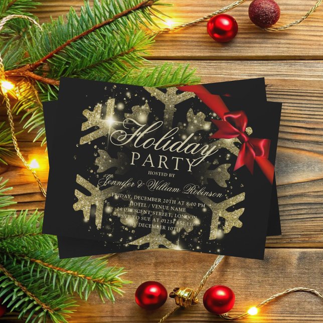Gold Glitter & Ribbon | Xmas Holiday Black  Invitation (Gold Glitter & Ribbon | Xmas Holiday Black Invitation)