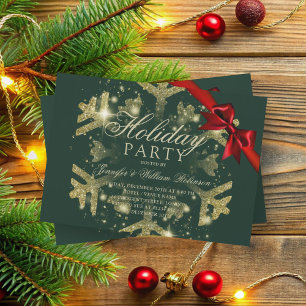 Gold Glitter & Ribbon   Xmas Holiday Green Invitation