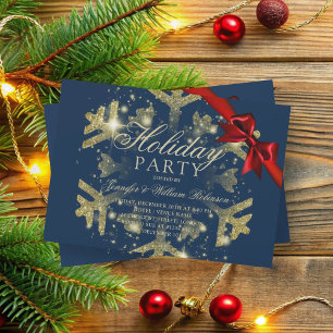 Gold Glitter & Ribbon Xmas Holiday Navy Invitation