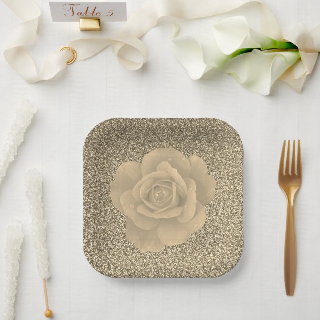 Gold Glitter Rose Floral Bridal Shower Wedding Paper Plate (Wedding)