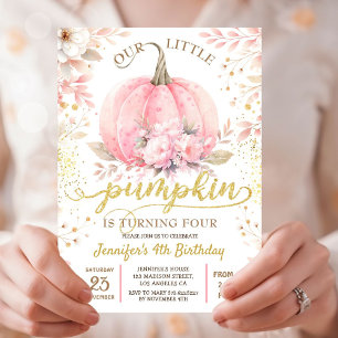 Gold Glitter Rose Floral Girl Pumpkin 4th Birthday Invitation