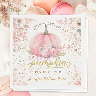 Gold Glitter Rose Floral Girl Pumpkin 4th Birthday Napkin