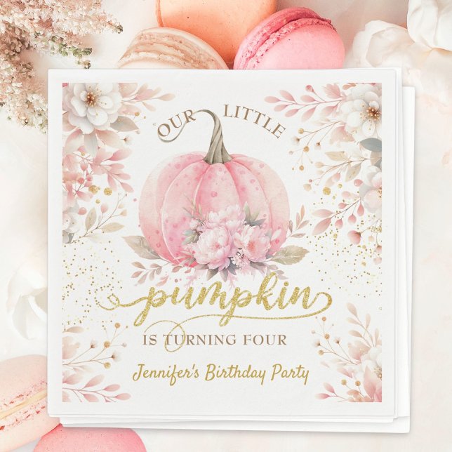 Gold Glitter Rose Floral Girl Pumpkin 4th Birthday Napkin (Creator Uploaded)
