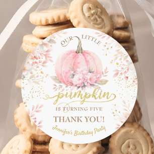 Gold Glitter Rose Floral Girl Pumpkin 5th Birthday Classic Round Sticker