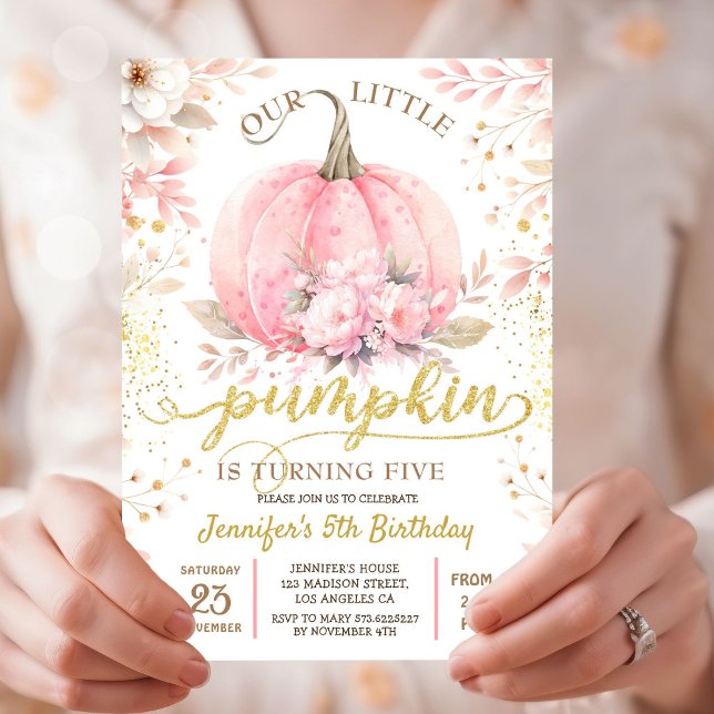 Gold Glitter Rose Floral Girl Pumpkin 5th Birthday Invitation (Creator Uploaded)