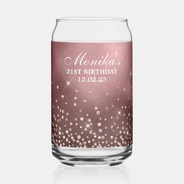 Gold Glitter Rose Gold Foil 21st Birthday Can Glass (Front)