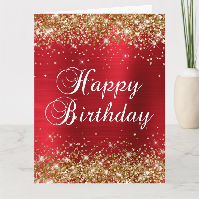 Gold Glitter Rose Red Foil Big Happy Birthday Card (Front)