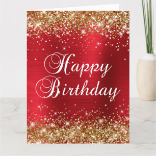 Gold Glitter Rose Red Foil Big Happy Birthday Card