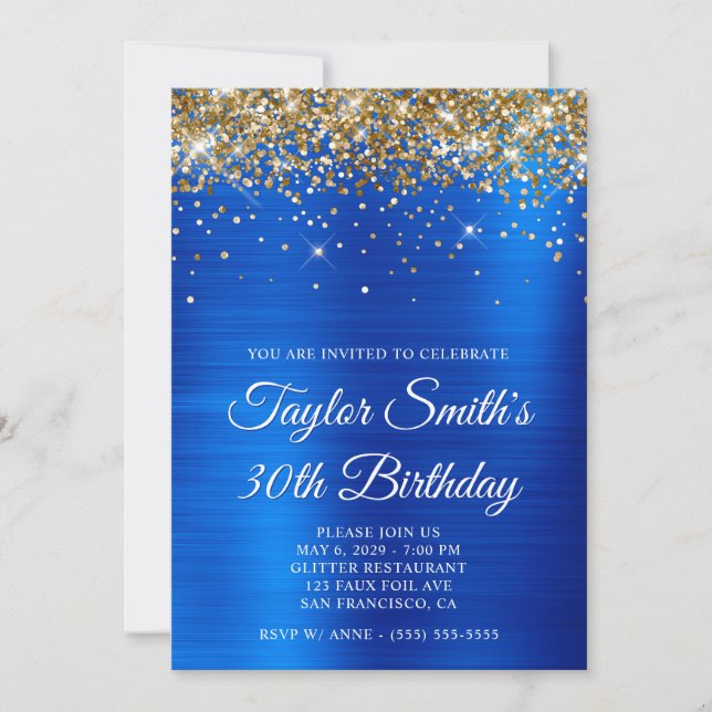 Gold Glitter Royal Blue 30th Birthday Invitation (Front)