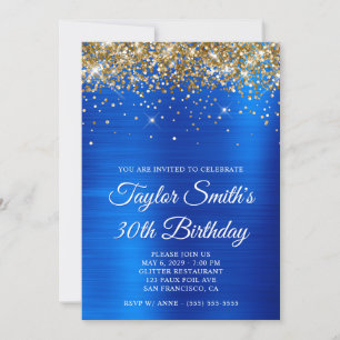 Gold Glitter Royal Blue 30th Birthday Invitation