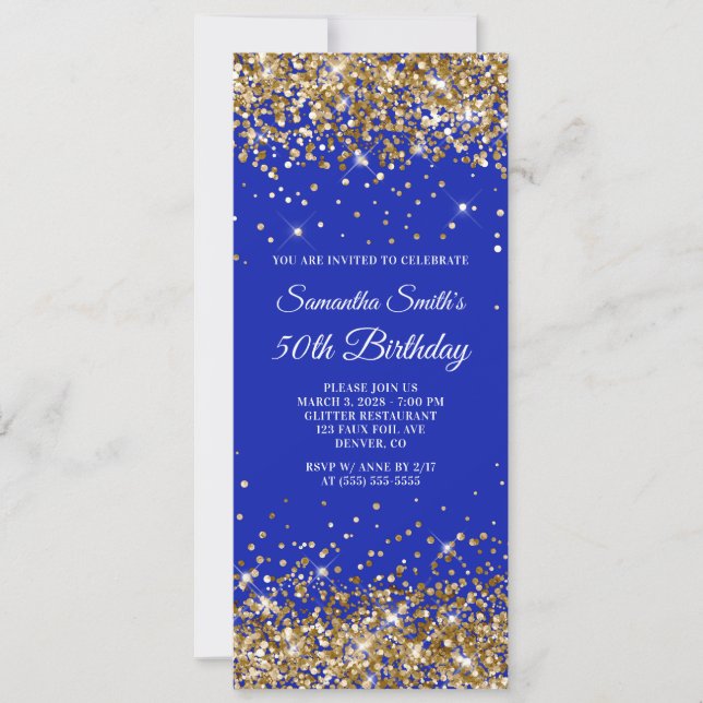 Gold Glitter Royal Blue 50th Birthday Invitation (Front)