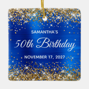 Gold Glitter Royal Blue Foil 50th Birthday Ceramic Ornament