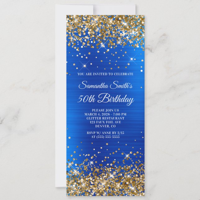 Gold Glitter Royal Blue Foil 50th Birthday Invitation (Front)