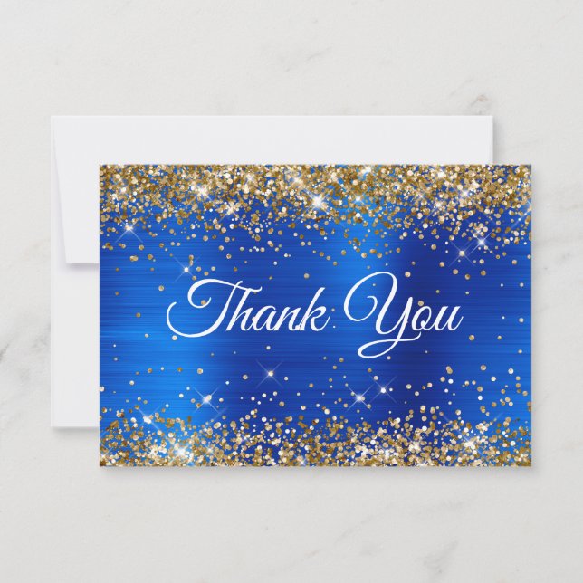 Gold Glitter Royal Blue Foil 50th Birthday Thank You Card (Front)
