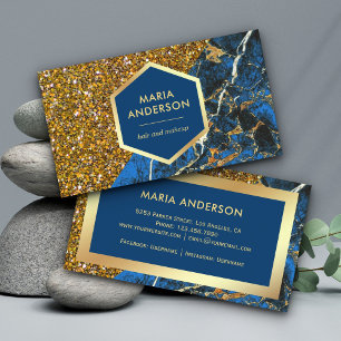 Gold Glitter Royal Blue Marble Makeup Artist Business Card