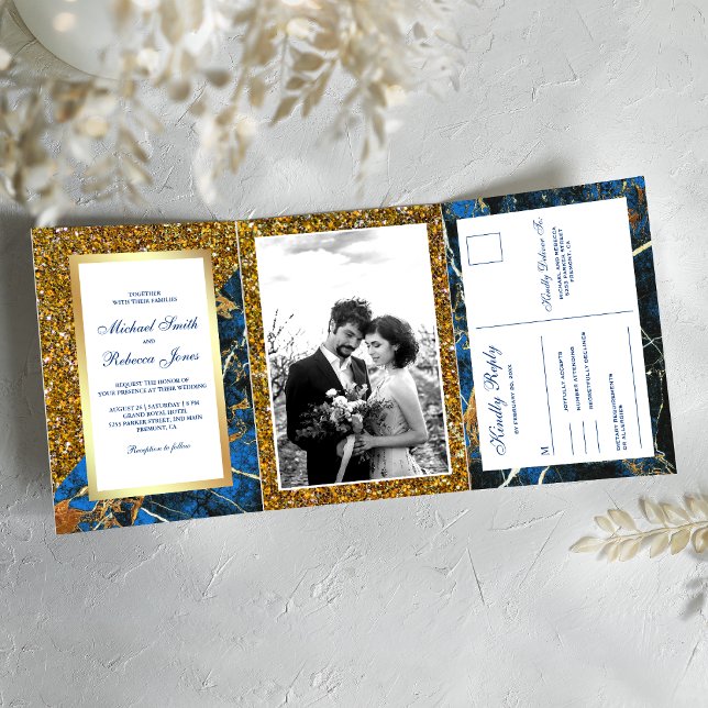 Gold Glitter Royal Blue Marble Photo Wedding Tri-Fold Invitation (Creator Uploaded)