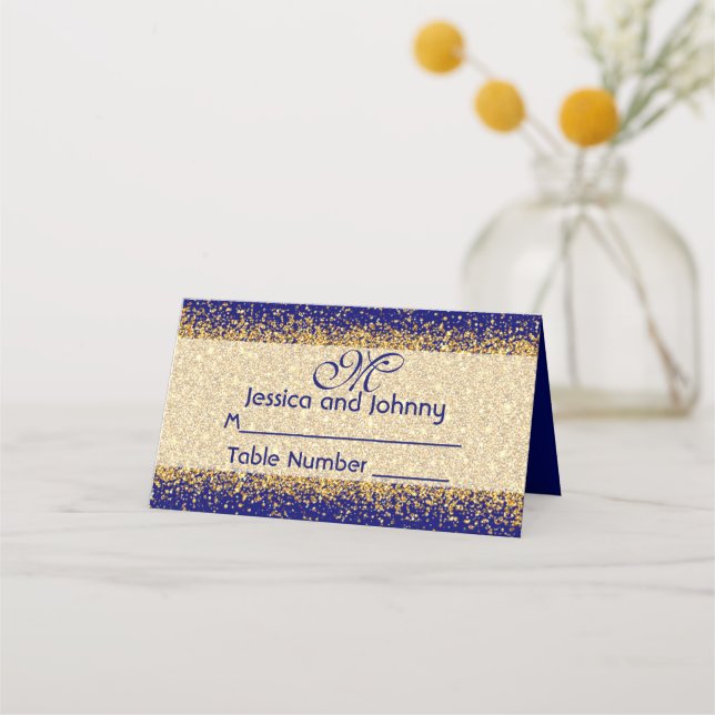 Gold Glitter Royal Blue Place Card (Front)